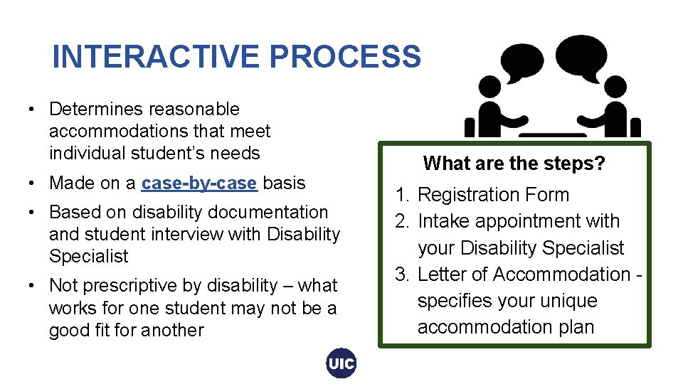 INTERACTIVE PROCESS • Determines reasonable accommodations that meet individual student’s needs • Made on