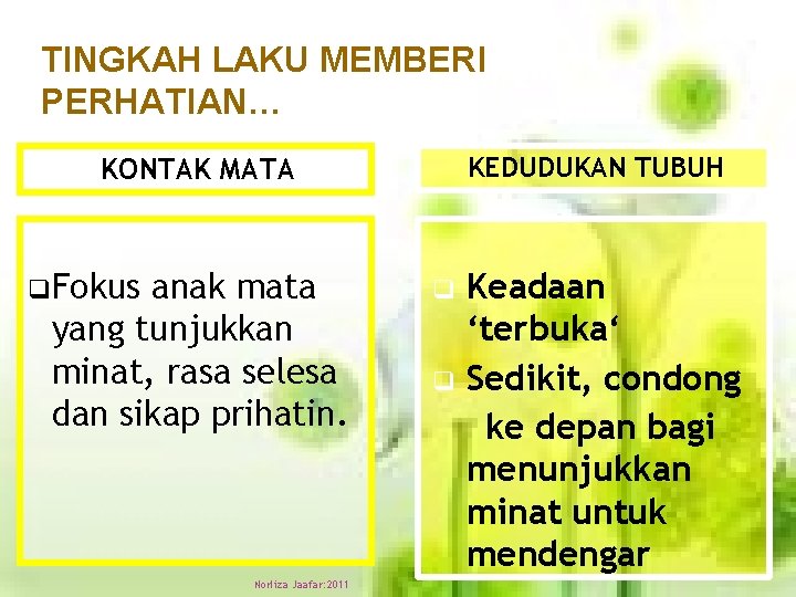 TINGKAH LAKU MEMBERI PERHATIAN… KEDUDUKAN TUBUH KONTAK MATA q. Fokus anak mata yang tunjukkan