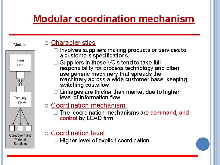 Modular coordination mechanism Characteristics Involves suppliers making products or services to a customers specifications.