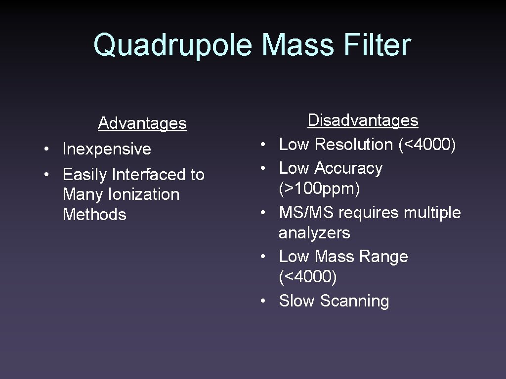 Quadrupole Mass Filter Advantages • Inexpensive • Easily Interfaced to Many Ionization Methods •