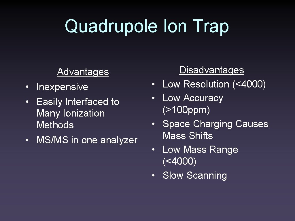Quadrupole Ion Trap Advantages • Inexpensive • Easily Interfaced to Many Ionization Methods •