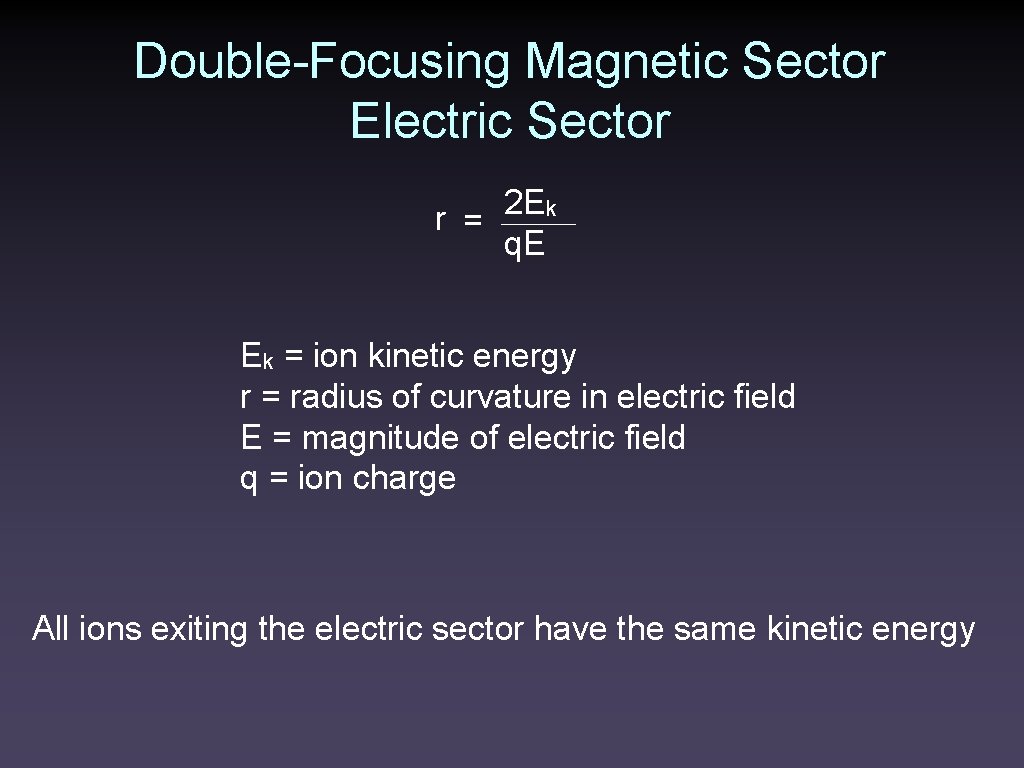 Double-Focusing Magnetic Sector Electric Sector 2 E k r = q. E Ek =
