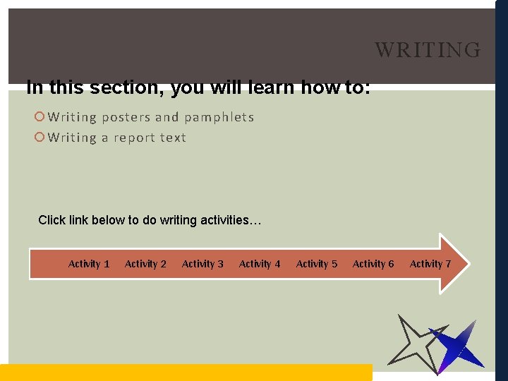 WRITING In this section, you will learn how to: Writing posters and pamphlets Writing