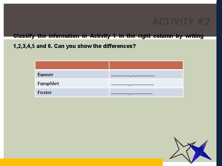 ACTIVITY #2 Classify the information in Activity 1 in the right column by writing