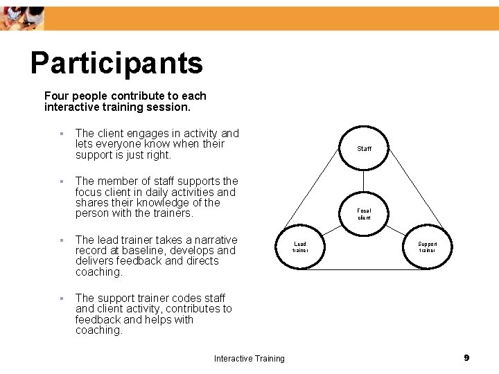 Participants Four people contribute to each interactive training session. § § The client engages