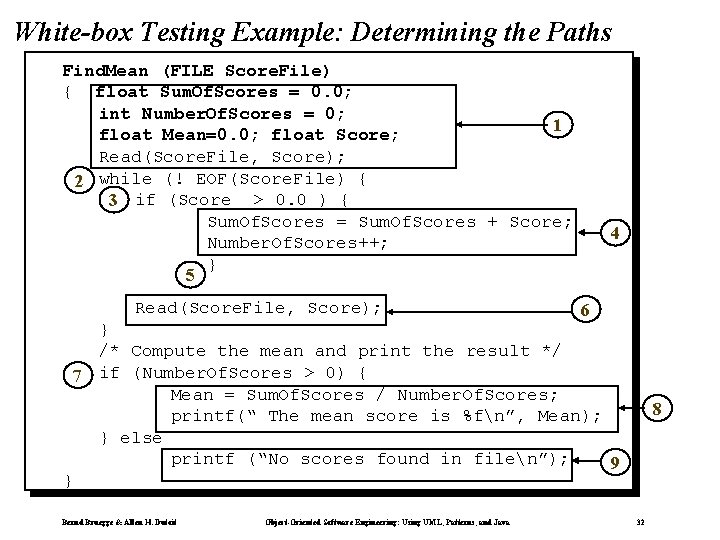 White-box Testing Example: Determining the Paths Find. Mean (FILE Score. File) { float Sum. White-box Testing Example: Determining the Paths Find. Mean (FILE Score. File) { float Sum.