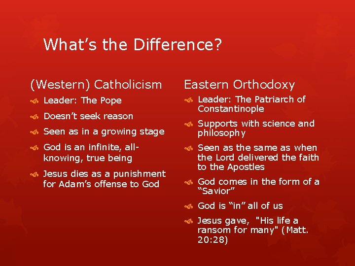 What’s the Difference? (Western) Catholicism Eastern Orthodoxy Leader: The Pope Leader: The Patriarch of