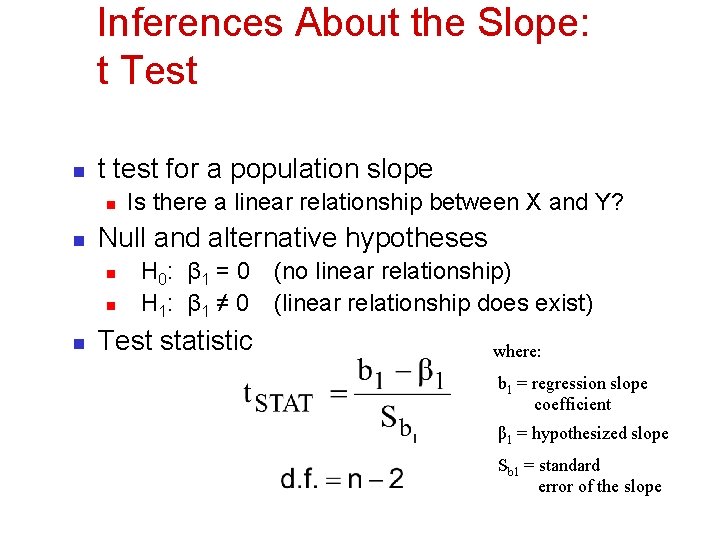 Inferences About the Slope: t Test n t test for a population slope n