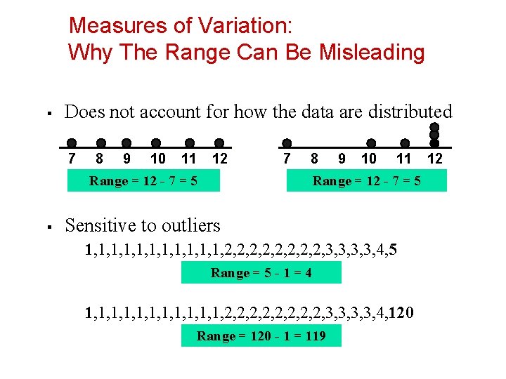 Measures of Variation: Why The Range Can Be Misleading § Does not account for