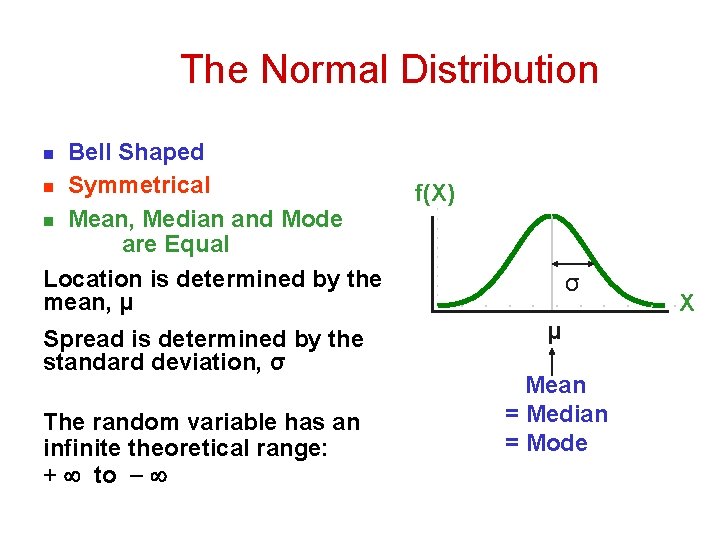 The Normal Distribution ‘Bell Shaped’ n Symmetrical n Mean, Median and Mode are Equal