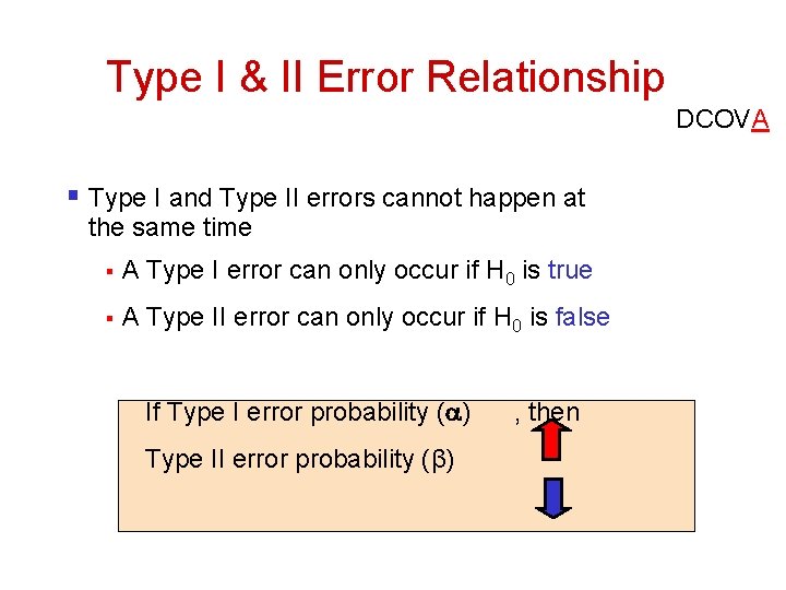 Type I & II Error Relationship DCOVA § Type I and Type II errors