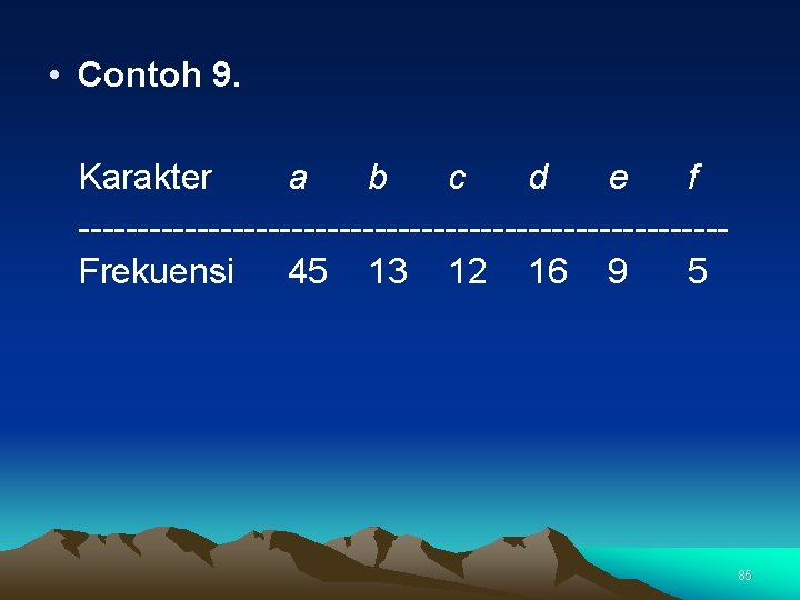  • Contoh 9. Karakter a b c d e f ---------------------------Frekuensi 45 13