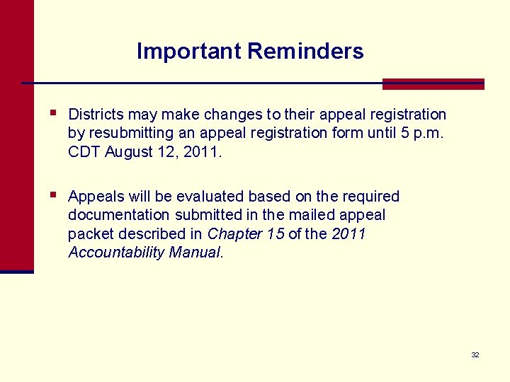 Important Reminders § Districts may make changes to their appeal registration by resubmitting an