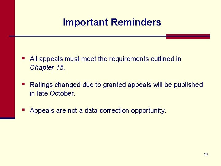 Important Reminders § All appeals must meet the requirements outlined in Chapter 15. §
