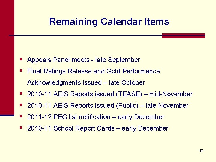 Remaining Calendar Items § § Appeals Panel meets - late September Final Ratings Release