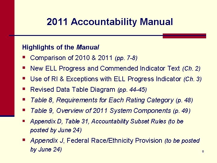 2011 Accountability Manual Highlights of the Manual § § § Comparison of 2010 &