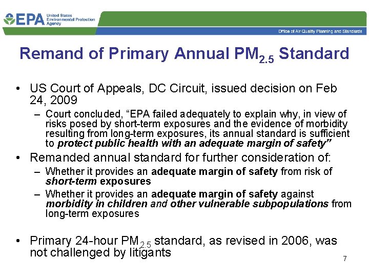 Remand of Primary Annual PM 2. 5 Standard • US Court of Appeals, DC