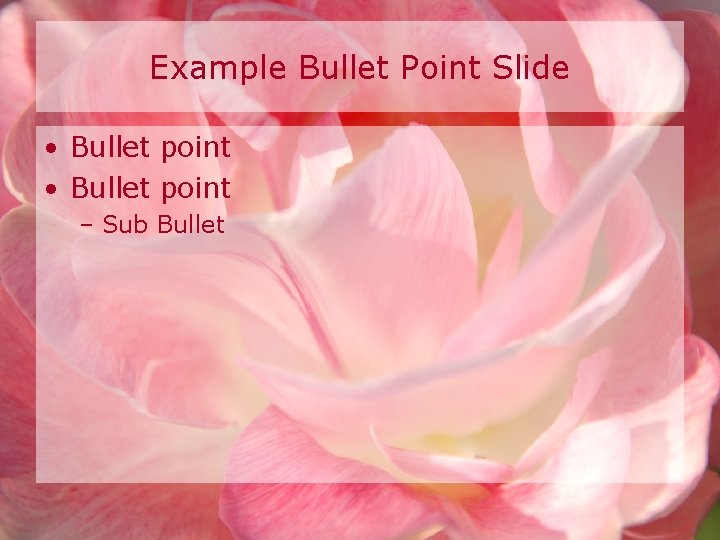 Example Bullet Point Slide • Bullet point – Sub Bullet 