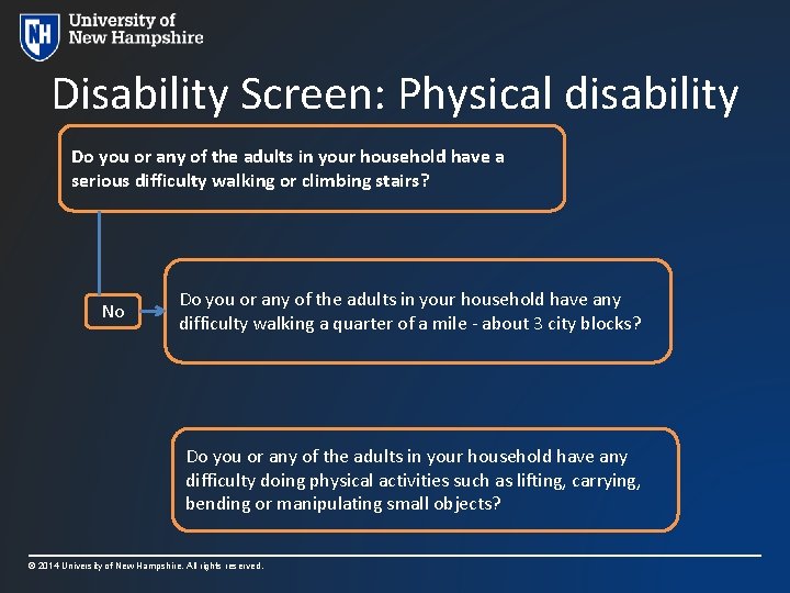 Disability Screen: Physical disability Do you or any of the adults in your household