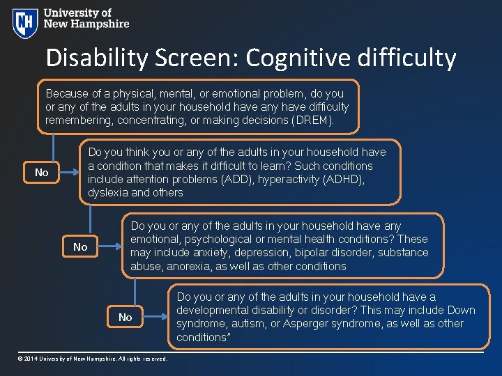 Disability Screen: Cognitive difficulty Because of a physical, mental, or emotional problem, do you
