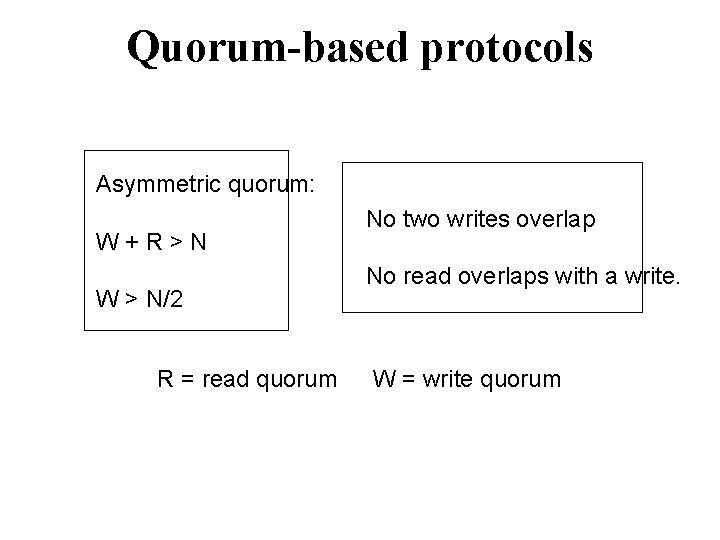 Quorum-based protocols Asymmetric quorum: W+R>N W > N/2 R = read quorum No two