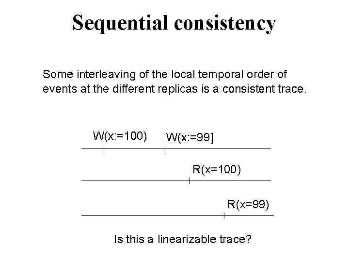Sequential consistency Some interleaving of the local temporal order of events at the different