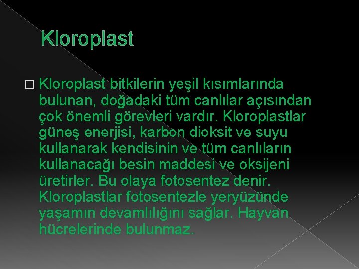 Kloroplast � Kloroplast bitkilerin yeşil kısımlarında bulunan, doğadaki tüm canlılar açısından çok önemli görevleri