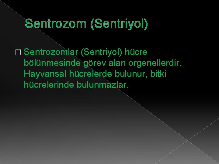 Sentrozom (Sentriyol) � Sentrozomlar (Sentriyol) hücre bölünmesinde görev alan orgenellerdir. Hayvansal hücrelerde bulunur, bitki