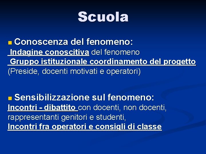 Scuola n Conoscenza del fenomeno: Indagine conoscitiva del fenomeno Gruppo istituzionale coordinamento del progetto