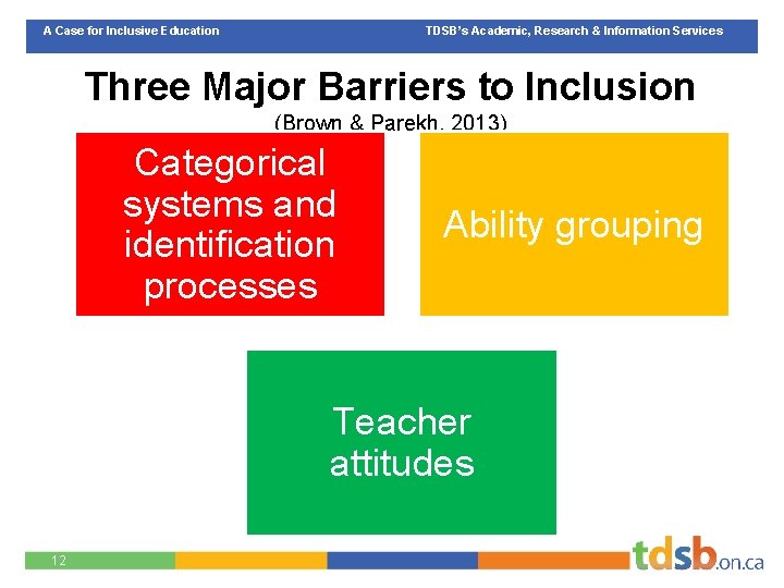 A Case for Inclusive Education TDSB’s Academic, Research & Information Services Three Major Barriers