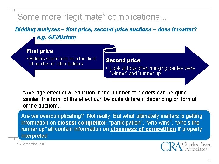 Some more “legitimate” complications… Bidding analyses – first price, second price auctions – does