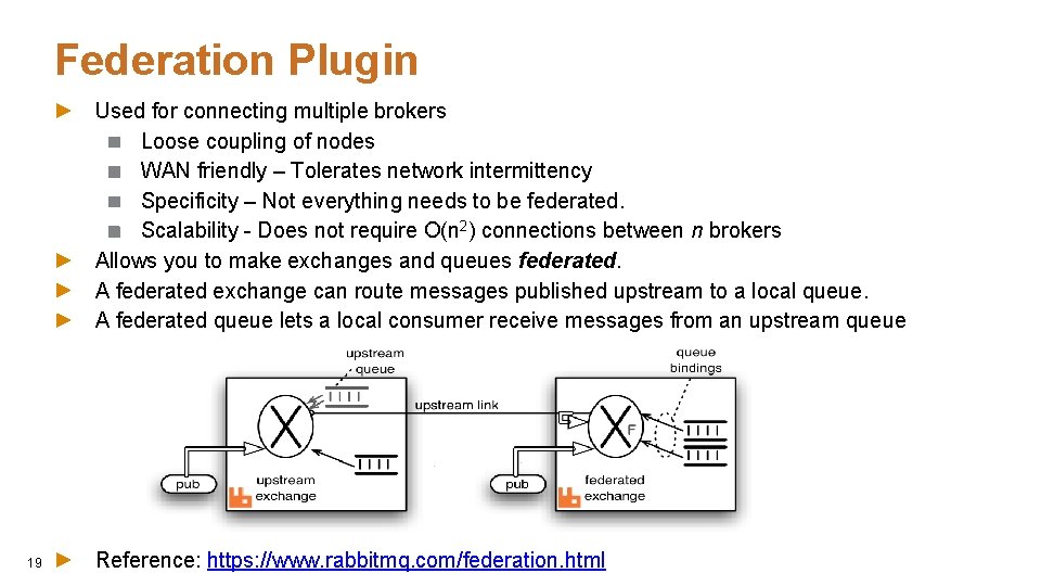 Federation Plugin Used for connecting multiple brokers Loose coupling of nodes WAN friendly –