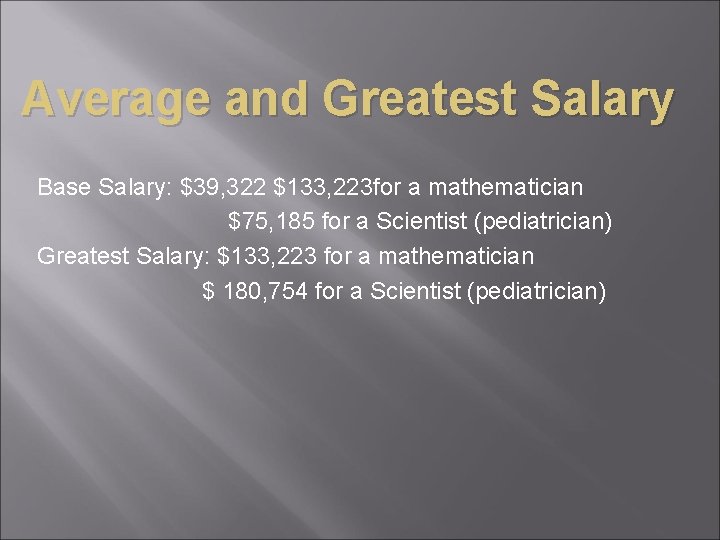 Average and Greatest Salary Base Salary: $39, 322 $133, 223 for a mathematician $75,