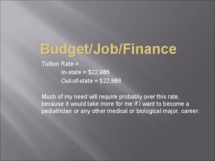 Budget/Job/Finance Tuition Rate = In-state = $22, 986 Out-of-state = $22, 986 Much of