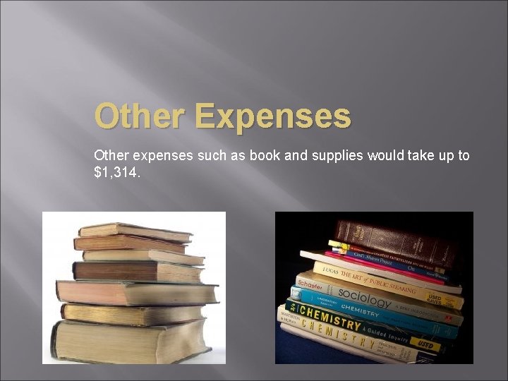 Other Expenses Other expenses such as book and supplies would take up to $1,