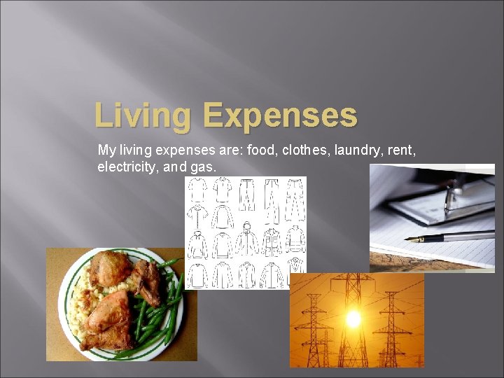 Living Expenses My living expenses are: food, clothes, laundry, rent, electricity, and gas. 