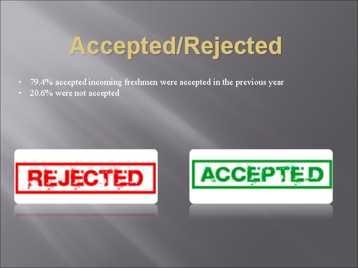 Accepted/Rejected • 79. 4% accepted incoming freshmen were accepted in the previous year •