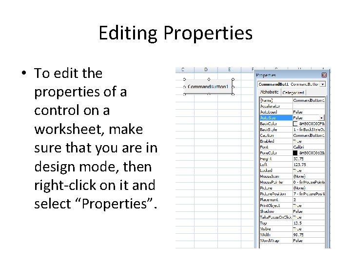 Editing Properties • To edit the properties of a control on a worksheet, make