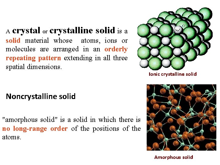 Crystal A crystal or crystalline solid is a solid material whose atoms, ions or