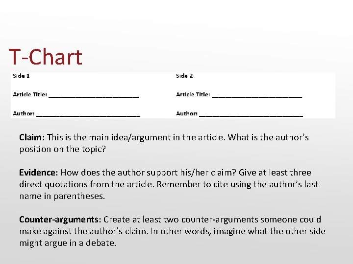 T-Chart Claim: This is the main idea/argument in the article. What is the author’s