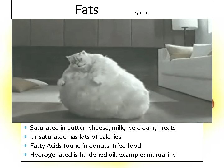 Fats By James Saturated in butter, cheese, milk, ice-cream, meats Unsaturated has lots of