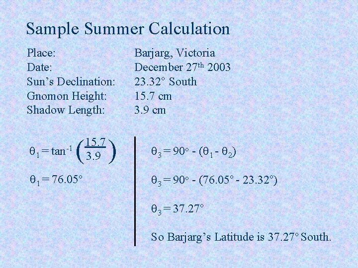 Sample Summer Calculation Place: Date: Sun’s Declination: Gnomon Height: Shadow Length: q 1 =