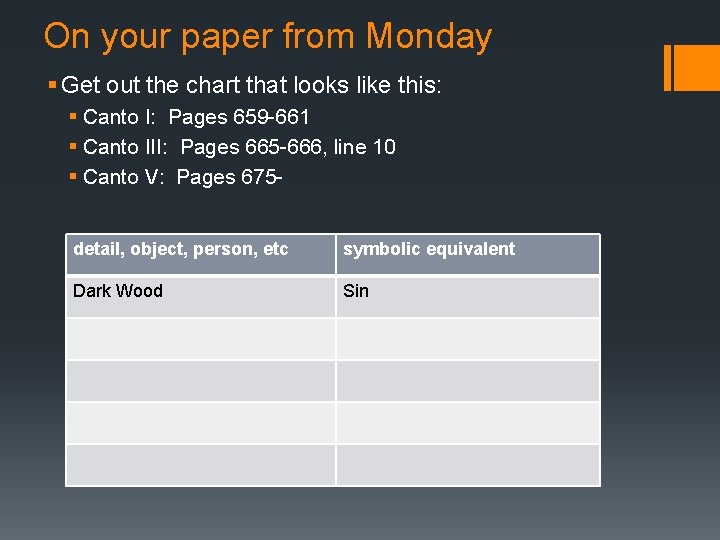 On your paper from Monday § Get out the chart that looks like this: