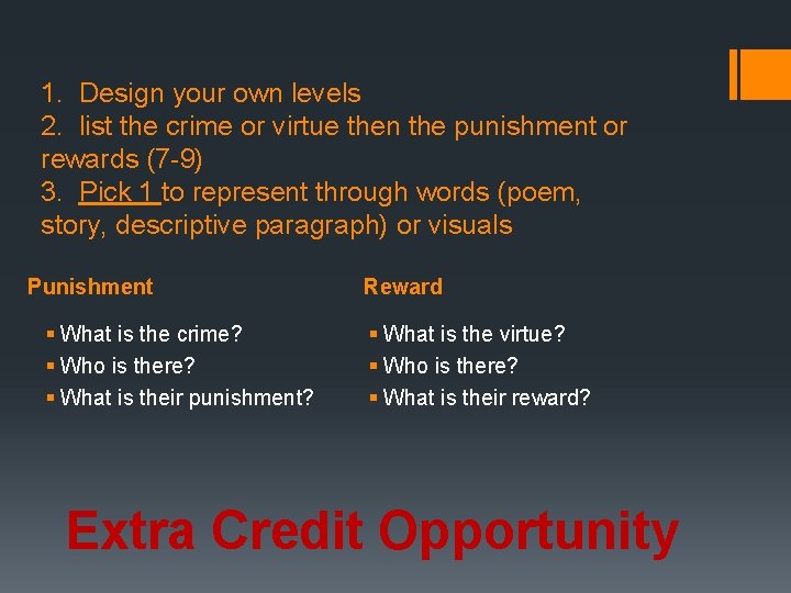 1. Design your own levels 2. list the crime or virtue then the punishment