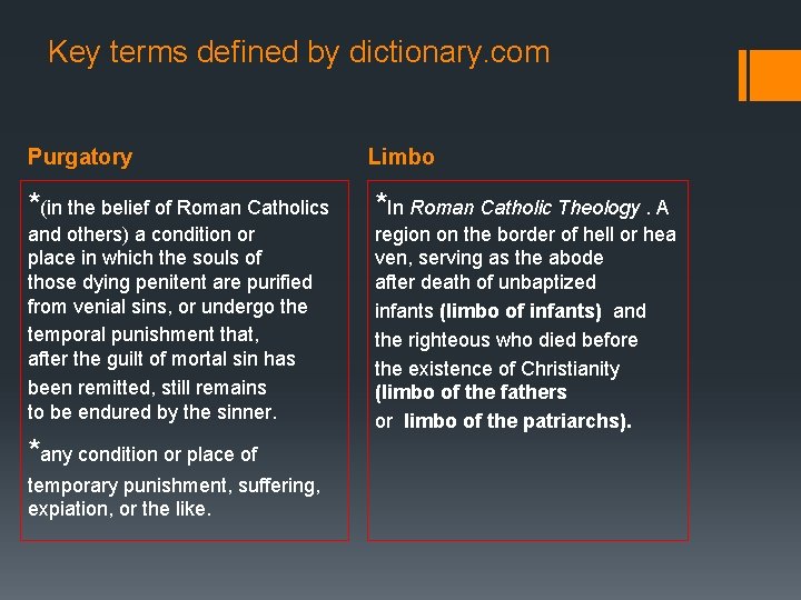 Key terms defined by dictionary. com Purgatory Limbo *(in the belief of Roman Catholics