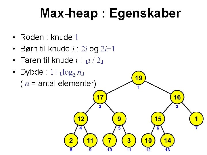 Max-heap : Egenskaber • • Roden : knude 1 Børn til knude i :