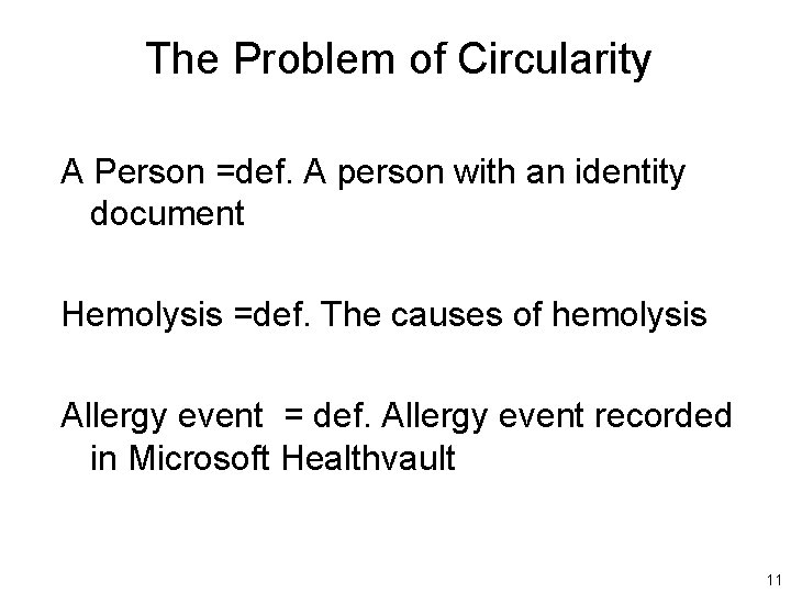 The Problem of Circularity A Person =def. A person with an identity document Hemolysis