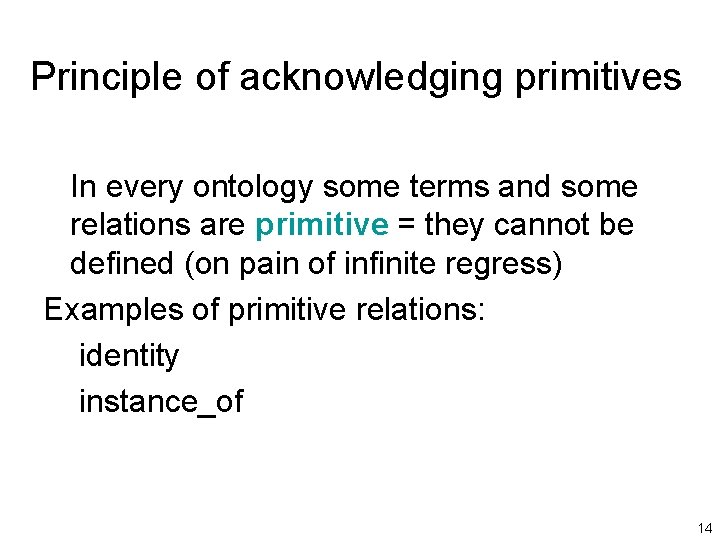 Principle of acknowledging primitives In every ontology some terms and some relations are primitive