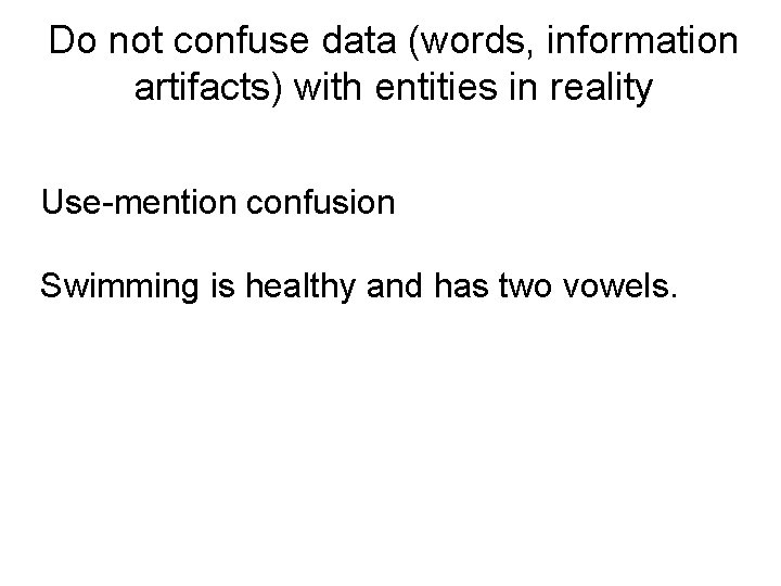 Do not confuse data (words, information artifacts) with entities in reality Use-mention confusion Swimming