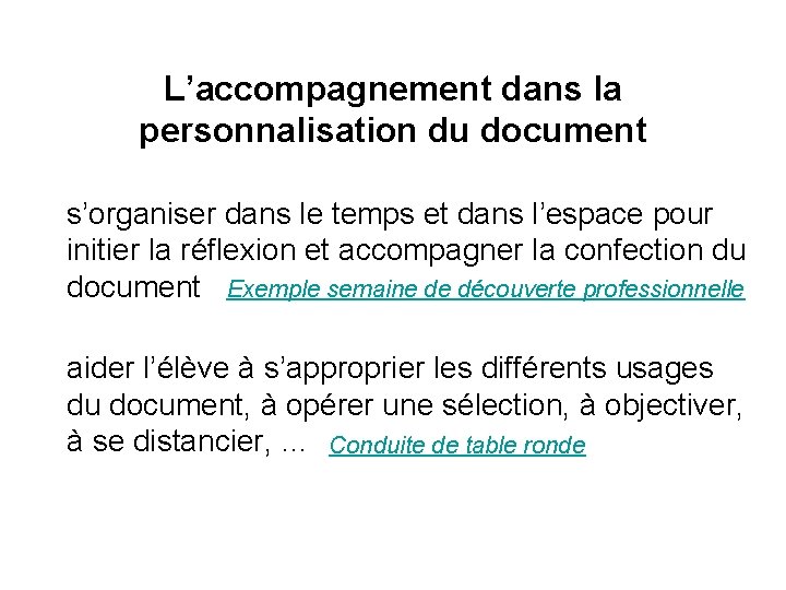 L’accompagnement dans la personnalisation du document s’organiser dans le temps et dans l’espace pour